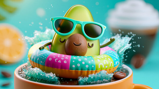S&uuml;&szlig;e Avocado-Figur mit Sonnenbrille in Kaffeetasse auf buntem Schwimmring