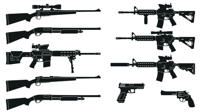 A collection of black firearm silhouettes including rifles shotguns and pistols arranged on light gray