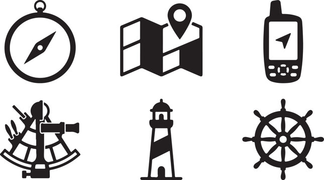 Set of black nautical and navigation icons including a compass map gps device sextant lighthouse and a ship steering wheel Vector