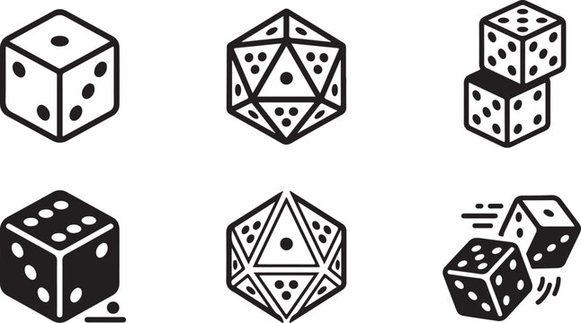 Set of black and white dice icons for board games and gambling representing lucky numbers and chance in simple line art Vector
