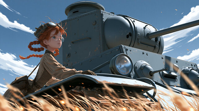 Anime-M&auml;dchen mit roten Z&ouml;pfen lehnt an einem Panzer auf einem Weizenfeld