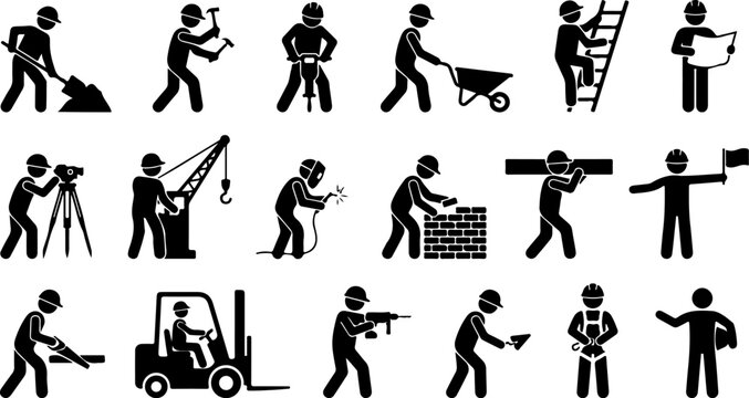 Set of construction worker icons isolated on white background vector illustration