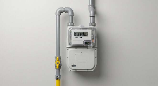 Modern gas meter with digital display and yellow handle on an interior wall