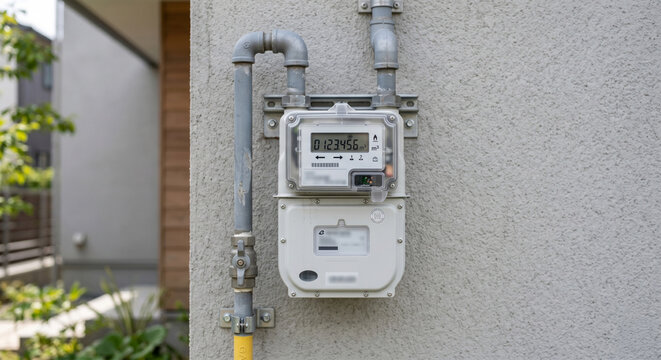 Residential gas meter with pipes mounted on an exterior textured wall