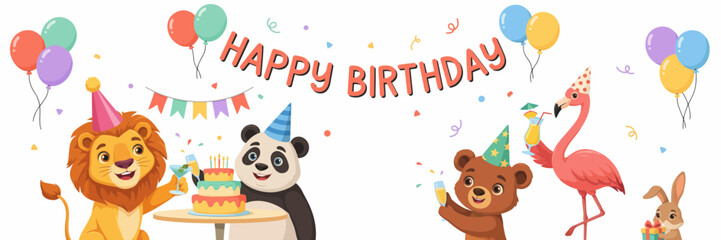 Fototapeta premium Colorful Animals Celebrating Birthday with Balloons