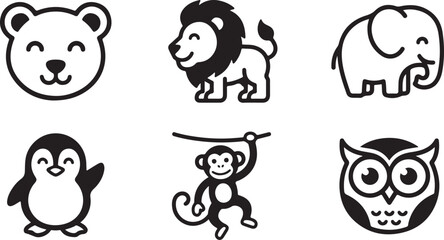 Set of cute wild animal icons including a bear lion elephant penguin monkey and owl in a simple black line art style Vector © Alex