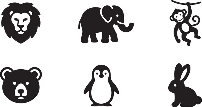 Set of wild animal icons including lion elephant monkey bear penguin and rabbit silhouette graphics for nature designs Vector