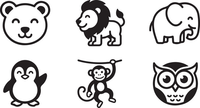 Set of cute wild animal icons including a bear lion elephant penguin monkey and owl in a simple black line art style Vector