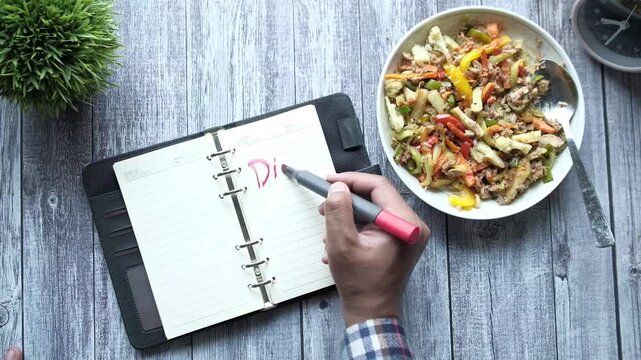 Top view of hand writing diet plan on notebook with healthy fresh vegetable salad on wooden table in cinematic footage