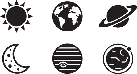 Set of black space icons featuring the sun earth planet with rings moon and celestial bodies for astronomy and science Vector © Alex