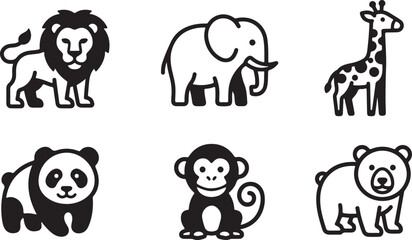Set of cute wild animal icons including lion elephant giraffe panda monkey and bear in a simple black line art style Vector © Alex