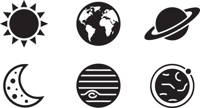 Set of black space icons featuring the sun earth planet with rings moon and celestial bodies for astronomy and science Vector