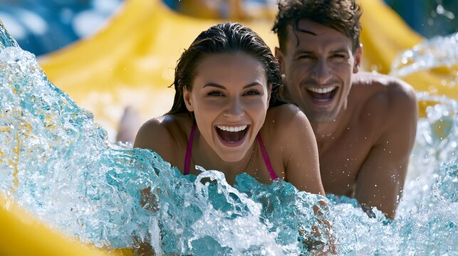 Happy Young Couple Having Fun on Water Slide at Aquapark