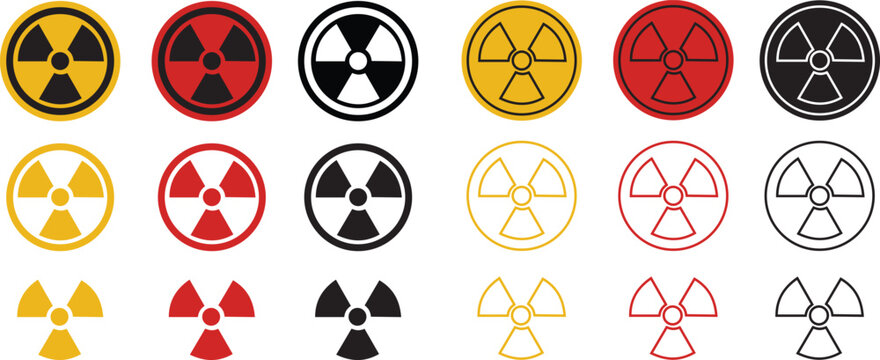 Radiation symbol icon set collection with nuclear hazard warning signs in black yellow red color variations, radioactive energy symbols, outline and filled vector design for safety and industrial use