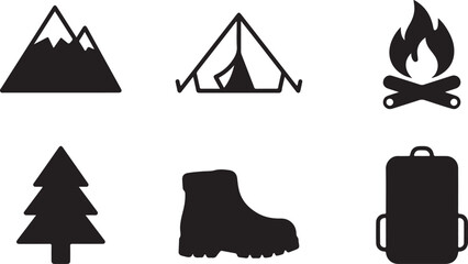 Set of black camping and hiking icons including mountain tent campfire tree boot and backpack for travel and outdoor adventure Vector © Alex