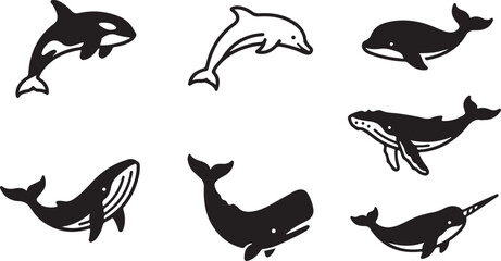 Set of hand drawn whales and dolphins in black and white ink illustration style for marine life collection and ocean icons Vector © Alex
