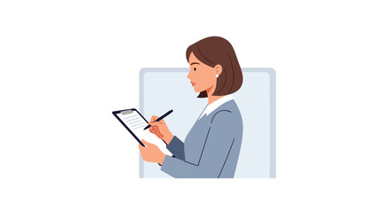 A professional woman with short brown hair stands in profile, holding a clipboard and writing with a pen against a light background. © Violet