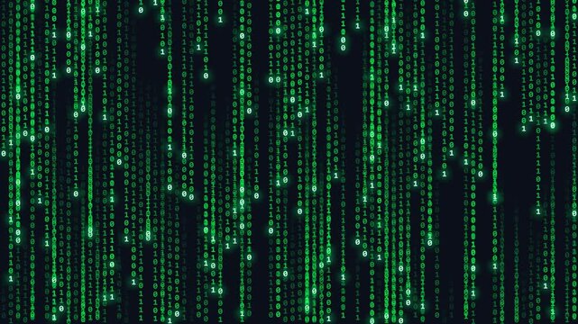 Abstract Digital Background with Cascading Green Binary Data Streams and Glowing Computer Code Particles