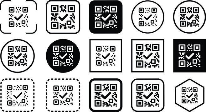 Collection of diverse QR code icons with checkmark symbols representing verified scanning, secure digital payment, and mobile technology authentication methods.