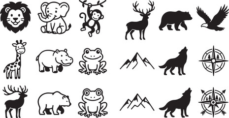 Set of black and white wild animal icons including lion elephant monkey deer bear eagle giraffe hippo frog and compass Vector © Alex