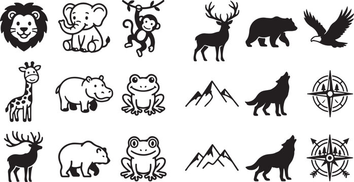 Set of black and white wild animal icons including lion elephant monkey deer bear eagle giraffe hippo frog and compass Vector