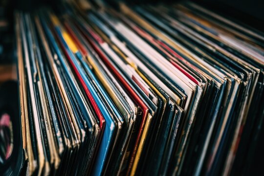 A close-up view of a neatly organized collection of colorful record albums