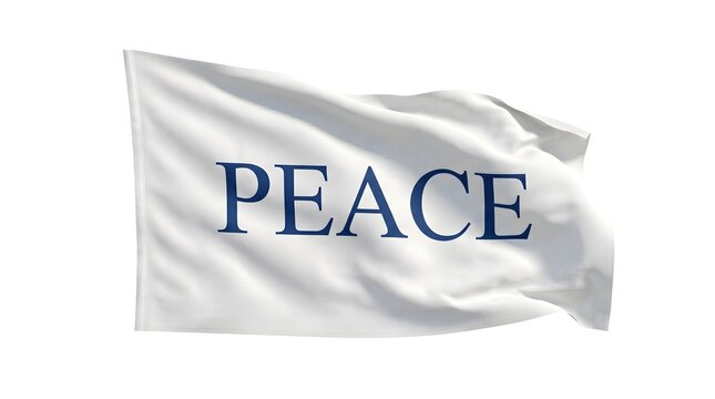 White peace flag, waving flag with blue text, symbol of harmony, peaceful banner