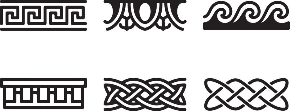 Set of six classic decorative border elements and vintage line dividers with geometric greek and celtic knot patterns Vector