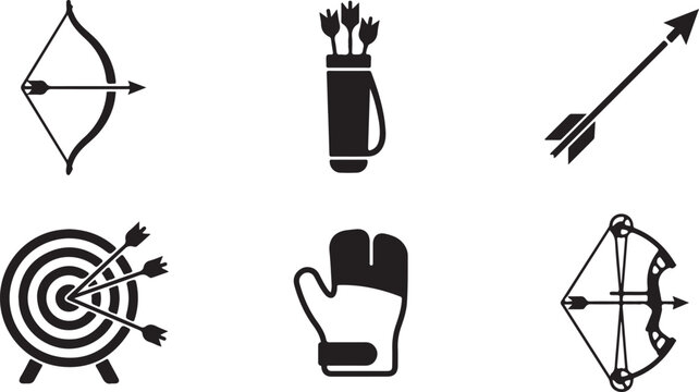 Set of black archery icons featuring a bow and arrow target quiver glove and compound bow for sports and hunting design Vector