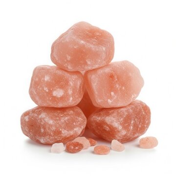 Pile of Natural Pink Himalayan Salt Chunks on White Background.