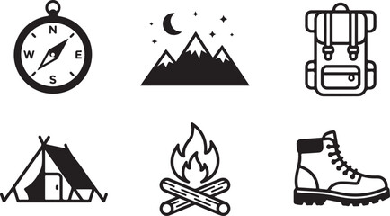 Set of black camping and hiking icons including a compass mountains backpack tent campfire and a sturdy leather travel boot Vector © Alex