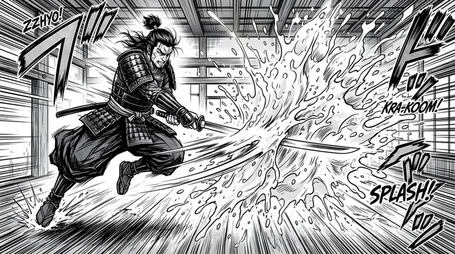 Samurai in dynamic pose with sword and water explosion in background