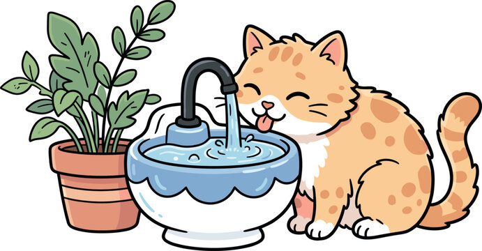 Cute Tabby Cat Drinking From Pet Water Fountain Vector Illustration Featuring a Happy Kitten and Potted Houseplant for Domestic Animal Care Designs
