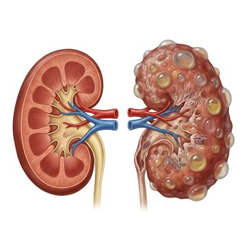 Normal and polycystic kidney disease pkd comparison, crosssection view, medical illustration isolated on white background