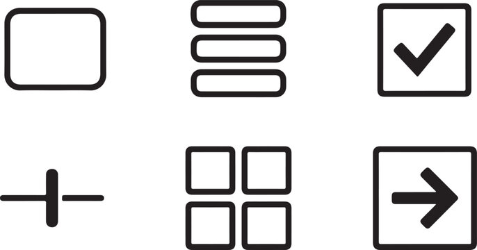 Set of black outline interface icons including list check box plus grid and arrow for web and mobile application design Vector