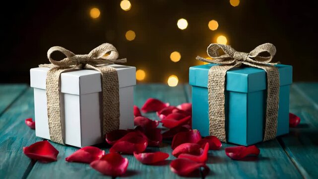 Wrapped gifts wrapped gifts boxes with ribbons and rose petals on wooden table for birthday or valentines day on blurred bokeh background with copyspace for advertising on Adobe stock and shutterstock