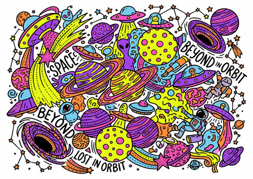 Vibrant Space Doodle Pattern with Planets UFOs Stars and Cosmic Elements