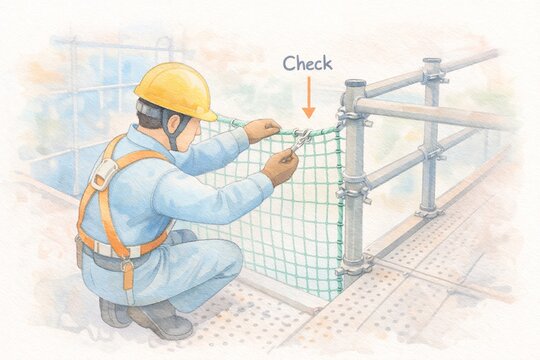 建設現場の足場で落下防止の安全ネットを金具で点検・確認する作業員のイラスト