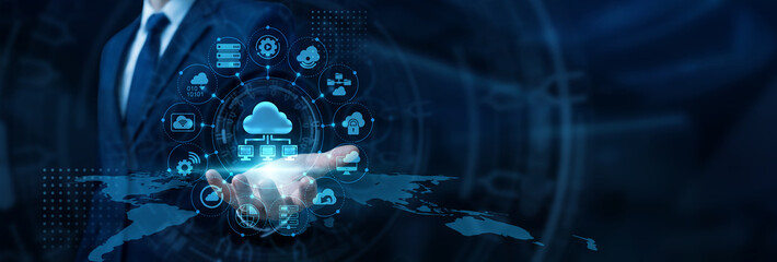 Network architect hand holding digital pad managing server infrastructure for Cloud Computing storage and scalability. Virtual environments enhancing global digital operational workflows. © NexPix