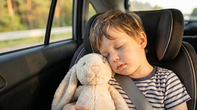 Sleeping child hugging plush toy bunny in car seat, family road trip concept