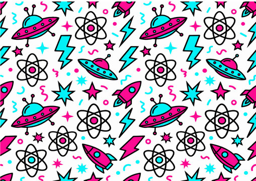 Cute Space Doodle Seamless Pattern with UFO Rockets Atoms and Stars