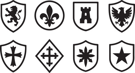 Set of black heraldic shields and symbols with lion fleur de lis castle eagle cross and star icons for medieval design Vector © Alex
