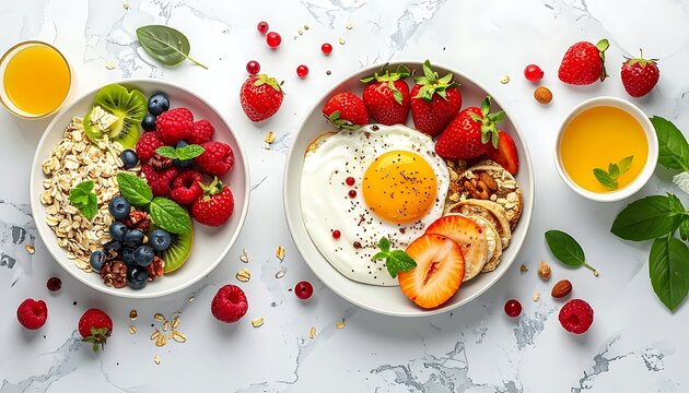 A healthy meal setup with eggs, fruits and greens on marble