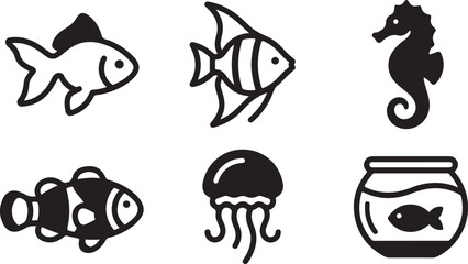 Set of black icons featuring various sea animals like fish seahorse jellyfish and a small fish inside a round glass bowl Vector © Alex