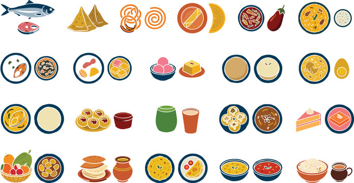 Set of flat design Bengali traditional food dishes icons vector illustrationSet of flat design Bengali traditional food dishes icons vector illustration