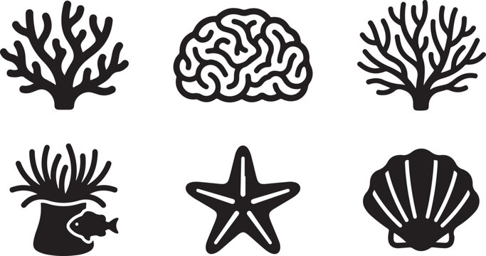 Set of black sea life and ocean icons featuring coral brain coral anemone starfish and seashell shapes for marine designs Vector