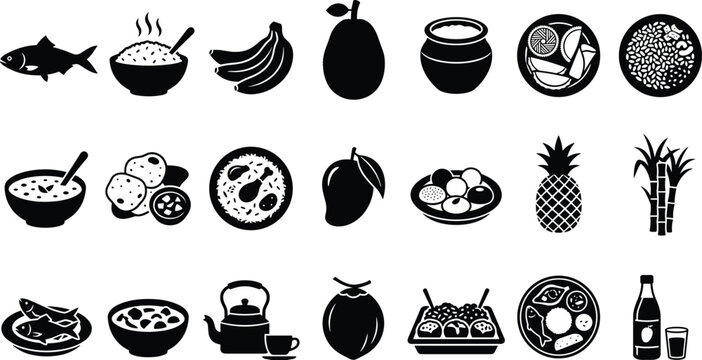 Traditional Bengali food and fruit silhouette icons vector illustration isolatedTraditional Bengali food and fruit silhouette icons vector illustration isolated