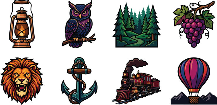 Vintage travel adventure and wildlife cartoon stickers vector illustrationVintage travel adventure and wildlife cartoon stickers vector illustration