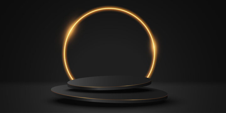 Luxury black and golden 3D stage with glowing neon ring on a dark wall background. Premium showcase platform for product presentations, branding or marketing promotions. Vector illustration.