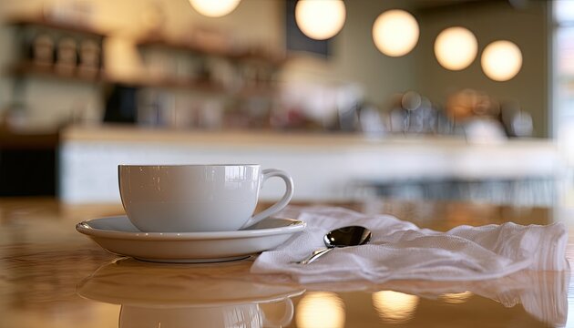 White ceramic cup and saucer on a wooden table with a spoon and cloth